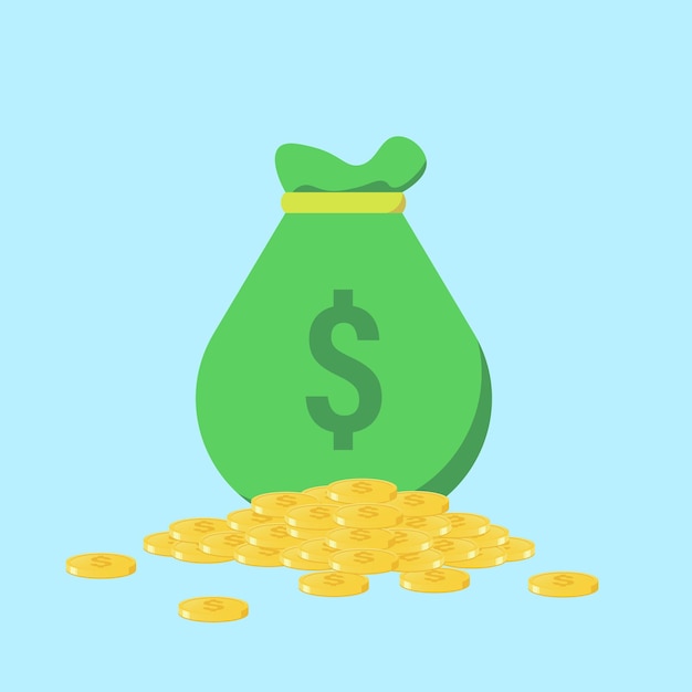 Money bag lots of money or stack of gold coins premium vector