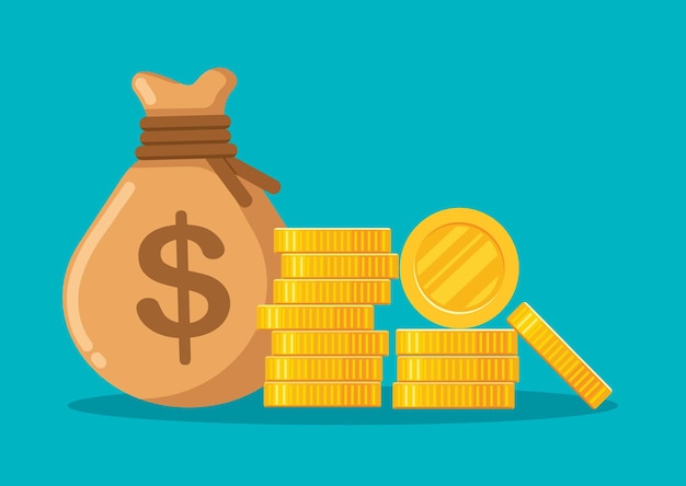 Money bag and stack of gold coins vector illustration