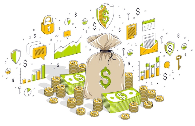 Money bag with cash money dollar stacks and coins piles isolated on white, personal savings concept. Isometric 3d vector finance illustration with icons, stats charts and design elements.