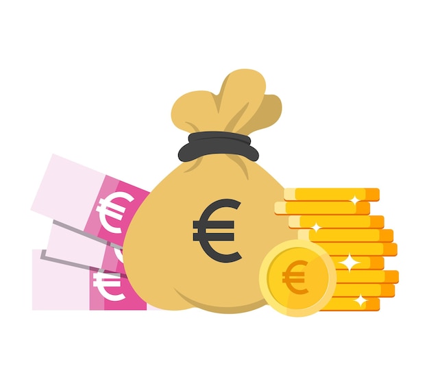 Money bag with euro bills and sign golden coins vector money illustration