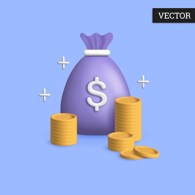 Vector money bag with stack of coins 3d icon illustration of money growth