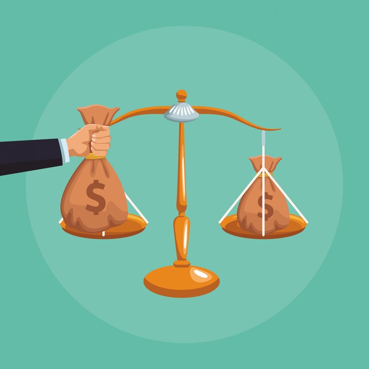 Vector money bags in justice balance with hand 