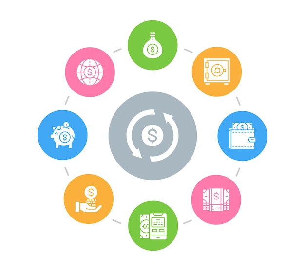 Money and banking circle illustration with icons credit card currency exchange atm terminal vect