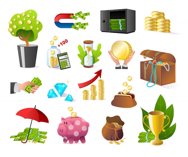 Money banking and finance icons set of  on white  illustrations. bank, cash, gold bullion and treasure. money box, currency payment, banked dollars in safe. exchange, piggy bank.