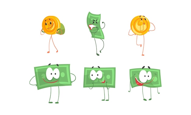 Vector money bills and golden coins characters with funny faces cute banknotes with various emotions vector illustration
