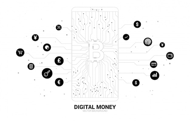 도트 연결 라인 회로 보드 스타일에서 휴대 전화 화면에 돈 Bitcoin 아이콘