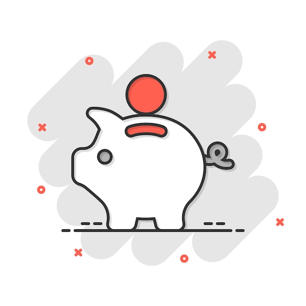 Money box icon in comic style Pig container cartoon vector illustration on white isolated background Piggy bank splash effect business concept