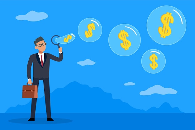 Money bubble greedy investor or businessman blowing soap bubbles dollar signs inside speculation on stock market global financial crisis economic problems vector cartoon flat concept