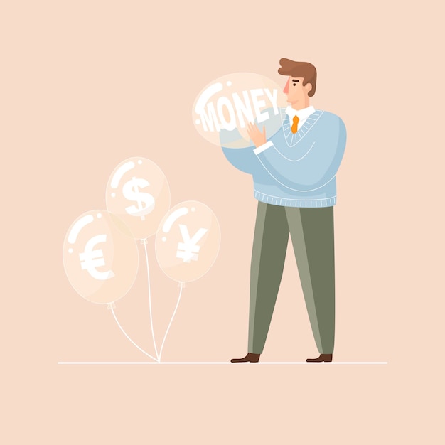 Money bubbles man inflates a balloon vector illustration