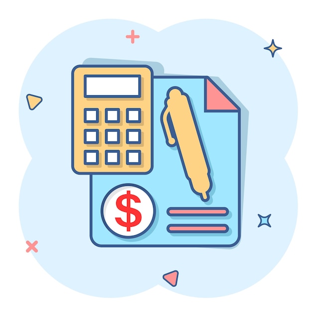 Money calculation icon in comic style Budget banking vector cartoon illustration on white isolated background Financial payment splash effect business concept