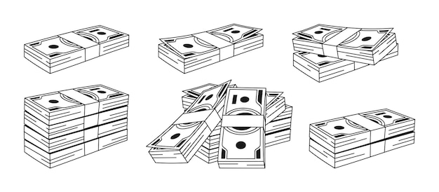 Denaro contante mucchio di dollari cartone animato scarabocchio set di contorni carta pila banconote bundle bill flat currency