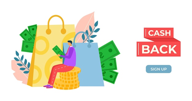 Cashback in denaro per le persone illustrazione vettoriale internet business design pagina web promozione piatta per il set di clienti online carattere uomo donna