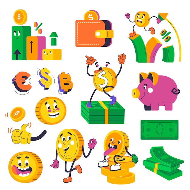 Money character coin and banknotes purse vector