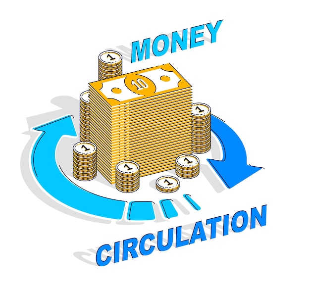 お金の循環の概念、放射状のループ矢印が周りにある現金のお金のスタック。ベクトル3d等角投影ビジネスと金融のイラスト、細い線のデザイン。
