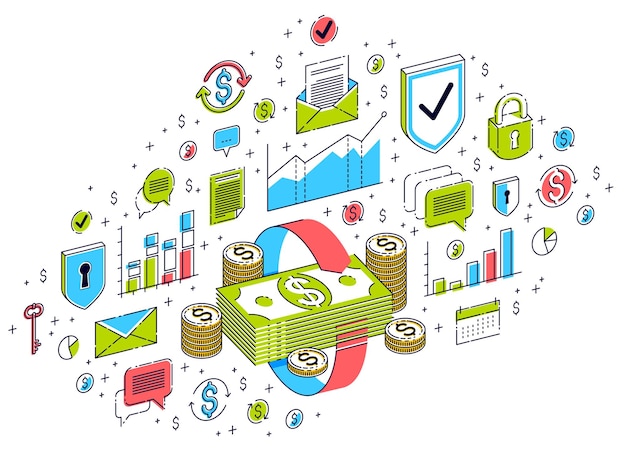 Money circulation, return on investment, currency exchange, cash back, money refund, concepts can be used. vector 3d isometric business illustration with icons, stats charts and design elements.