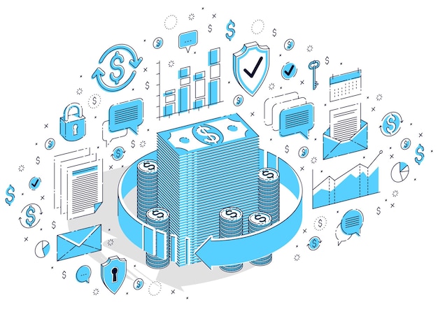 Money circulation, return on investment, currency exchange, cash back, money refund, concepts can be used. Vector 3d isometric business illustration with icons, stats charts and design elements.