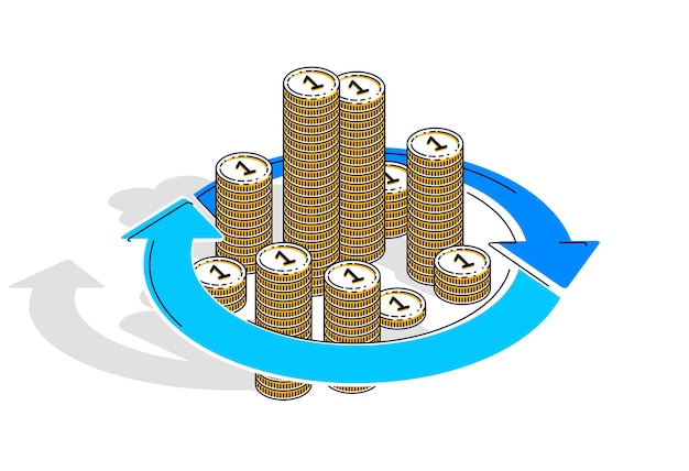 Money circulation, return on investment, currency exchange, cash back, money refund, concepts can be used. vector illustration of cash money stack with radial loop arrows around, 3d isometric.