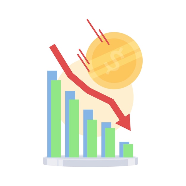 Денежная монета падает с метафоры графика рецессии