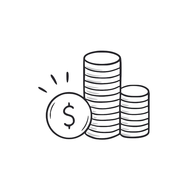 Icona di stile di schizzo disegnato a mano dello stack di monete del dollaro pila di monete di denaro doodle concetto disegnato di doodle di successo di finanza