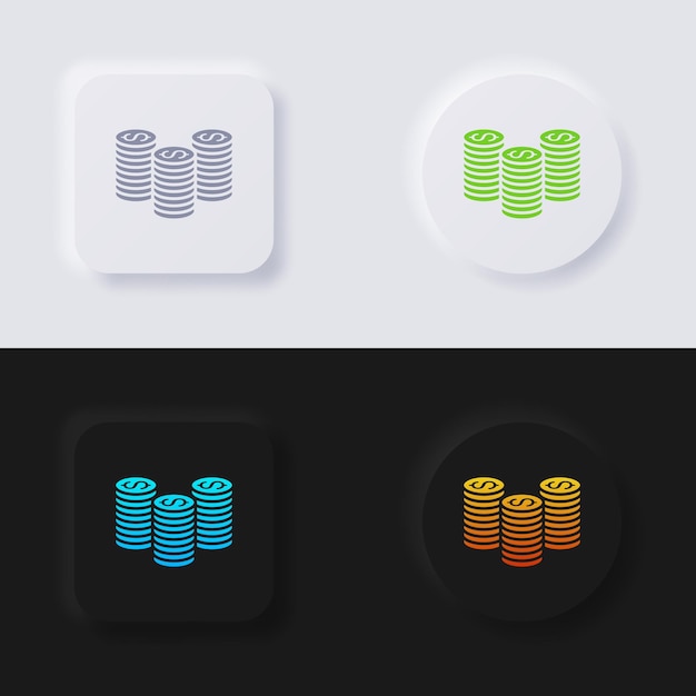 돈 동전 아이콘 집합, 웹 디자인을 위한 다중 색상 뉴모피즘 버튼 소프트 UI 디자인.