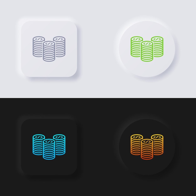 Money coins icon set, multicolor neumorphism button soft ui design for web design.