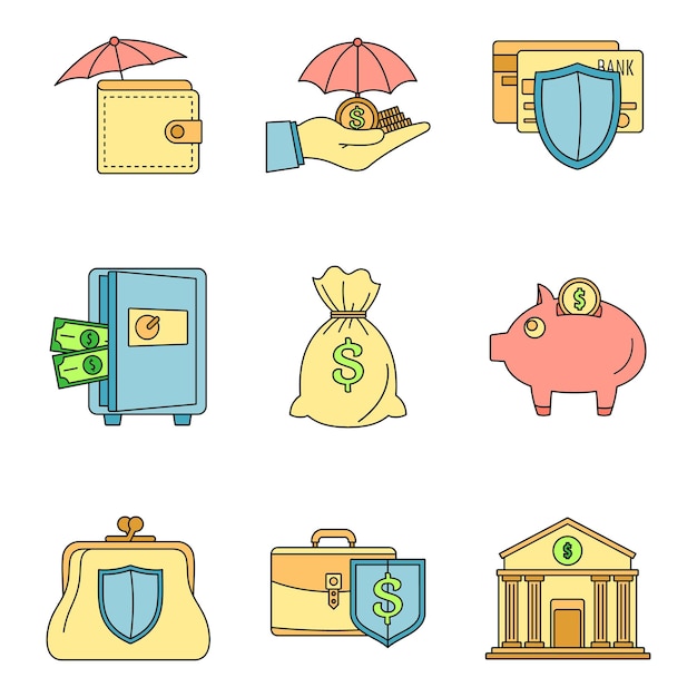 Vector money deposit icon set outline set of money deposit vector icons thin line color flat on white