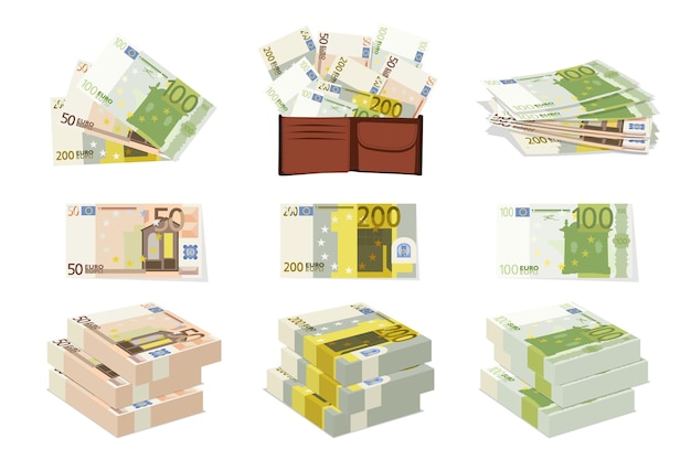 Vector money euro banknotes displayed in various ways