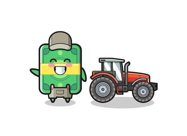 The money farmer mascot standing beside a tractor