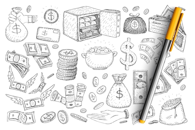 Vector money and finance doodle set