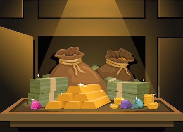 Vector money gold and jewellery in bank locker dark room cartoon illustration vector