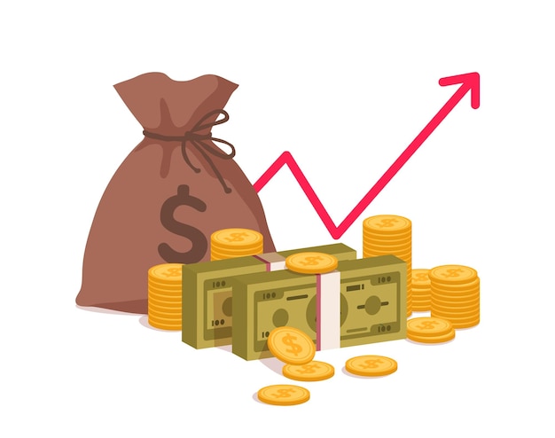 お金の成長 現金と金貨が入った袋 紙幣の束を分離 預金の利益 金融収入 経済インフォグラフィックの矢印 投資と貯蓄のベクトル図