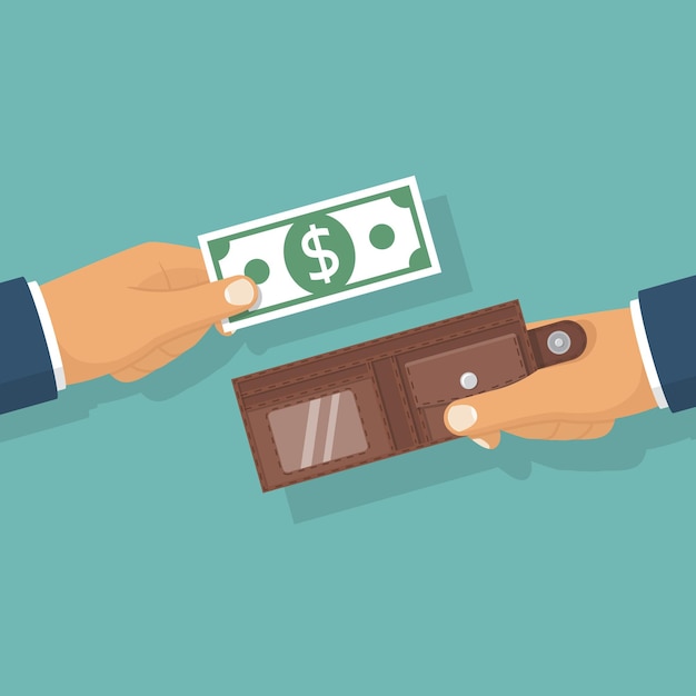 money in hand putting cash in wallet purse hold in hand businessman give take the money pay to buy