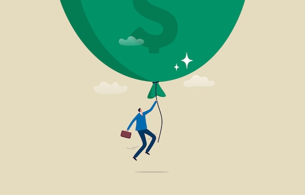 Money Inflation Economic risk or investment bubble Businessman flying high with a inflated balloon illustration