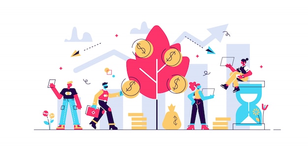 Money investing, financiers analyzing stock market profit. portfolio income, capital gains income, royalties from investments concept. bright vibrant violet isolated illustration