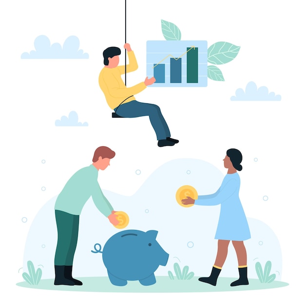 money investment budget savings on bank deposit tiny people throw gold coins into pig