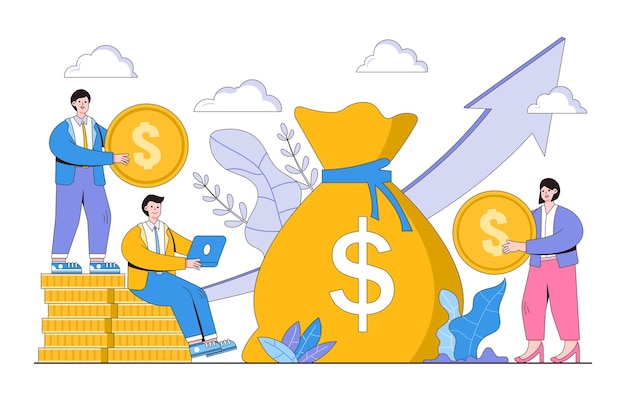 Money investment concept Business people invest their money for profit Putting capital in new project to gain profitable returns Flat cartoon character design for landing page web mobile banner