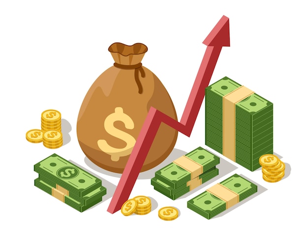 Money investment concept isometric growth graph cash bag with gold coins and dollars banknotes