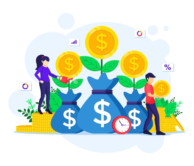 Money investment, people watering money tree, collect coin, increase financial profit illustration