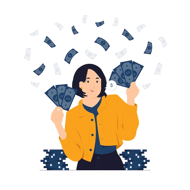 Money investment return earned dollars and hold pile of cash concept illustration