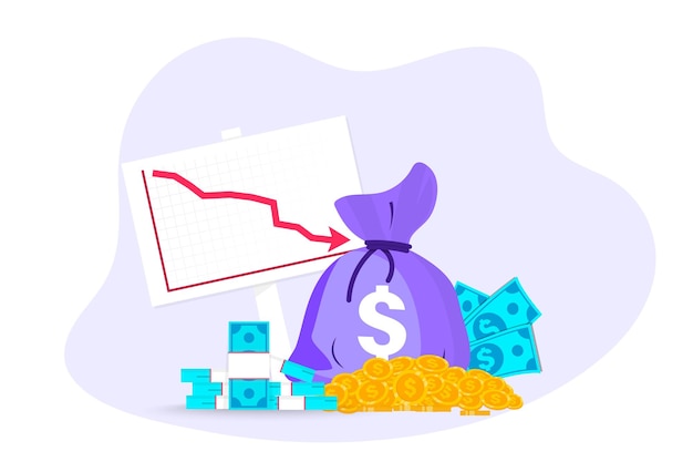 Vector money loss. sack of money and coin with descending curve or arrow. costs reduction, costs optimization business concept. cash with down arrow, cash funds down, loss statistics. global financial crisis