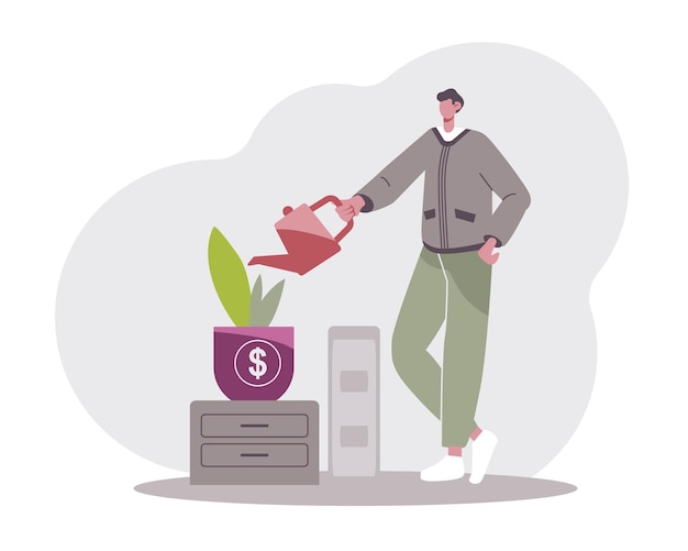 Money management concept Male vector character growth money plant Taking care of your own savings Investment and financial marketing Color illustration