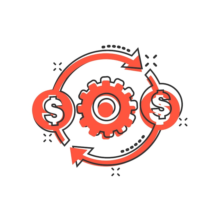 वेक्टर money optimization icon in comic style gear effective cartoon vector illustration on white isolated background finance process splash effect business concept