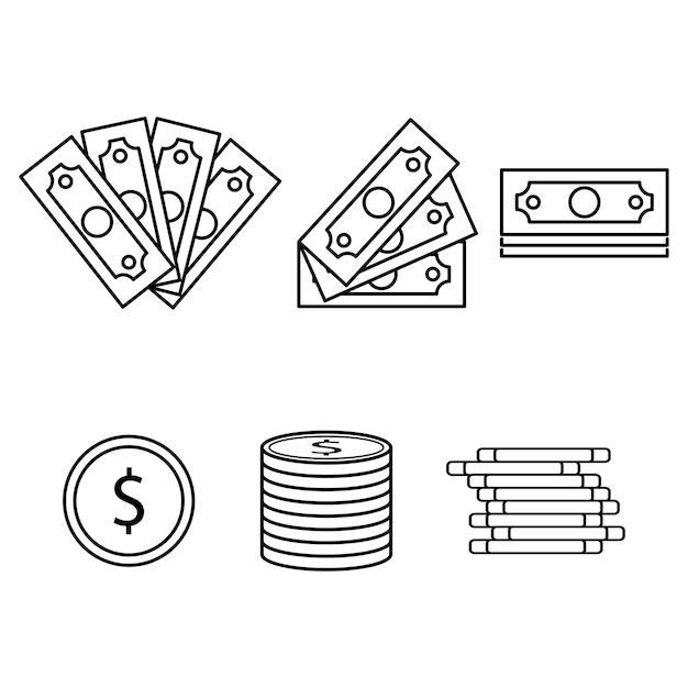 お金のアウトラインのアイコンを設定する紙幣と硬貨