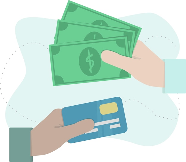 Vector money payments transfer concept. hands holding money and credit card, ready to make payments.