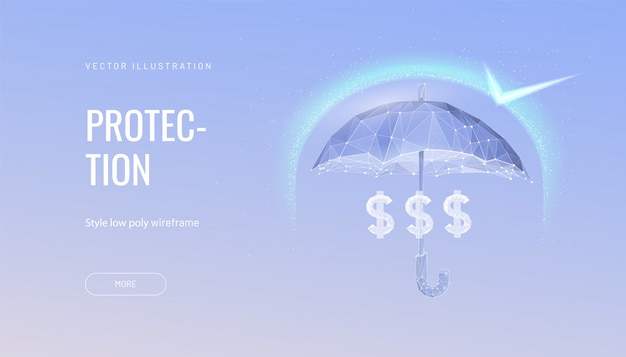 돈 보호 미래형 컨셉 일러스트입니다. 빛나는 다각형 우산, 진한 파란색 배경에 돈을 통해 방패