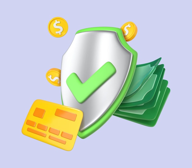 Money protection shield with check mark icon Money security online payment protection financial saving insurance Money saving Vector 3d illustration