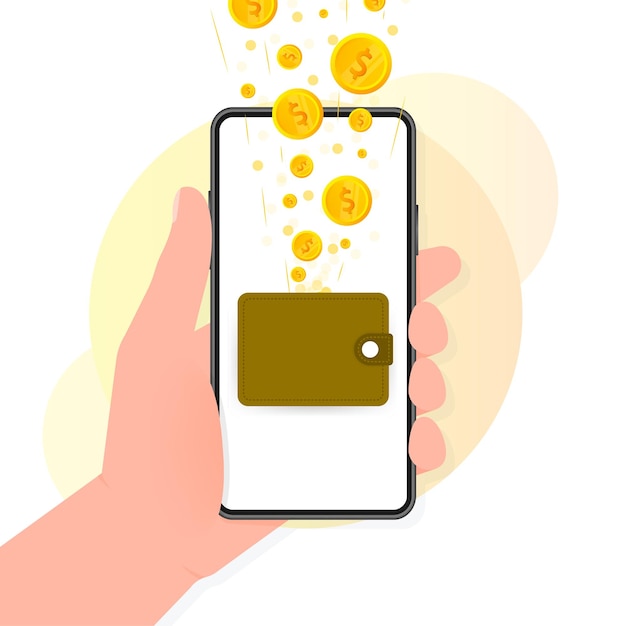Money purse with coins flat illustration Retro icon for web design