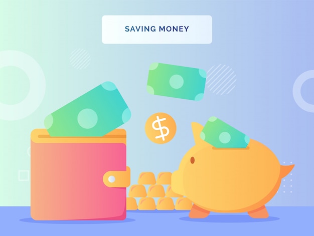 Money put in piggy bank wallet saving money concept with flat style