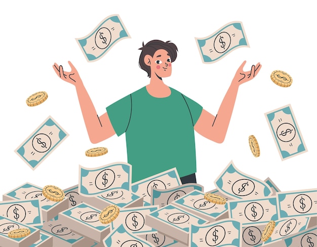 Money rain success lottery jackpot concept flat graphic design cartoon illustration