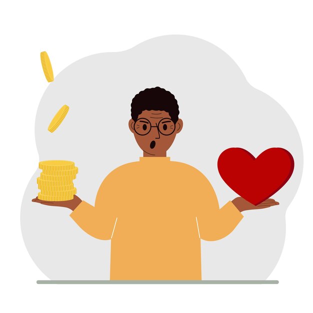 Vector money and a red heart in the hands of a man imbalance in lifestyle and work comparison of business stress and a healthy lifestyle balance of work and life